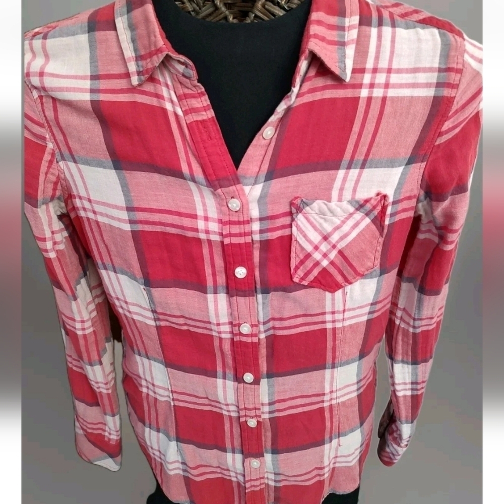Vtg 09' American Eagle Women's 12 Dark Pink Plaid Long Sleeve Lined Button Up - Picture 6 of 16